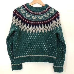 Vintage Woolrich Woman Green Nordic Fair Isle Sweater Wool Blend Small